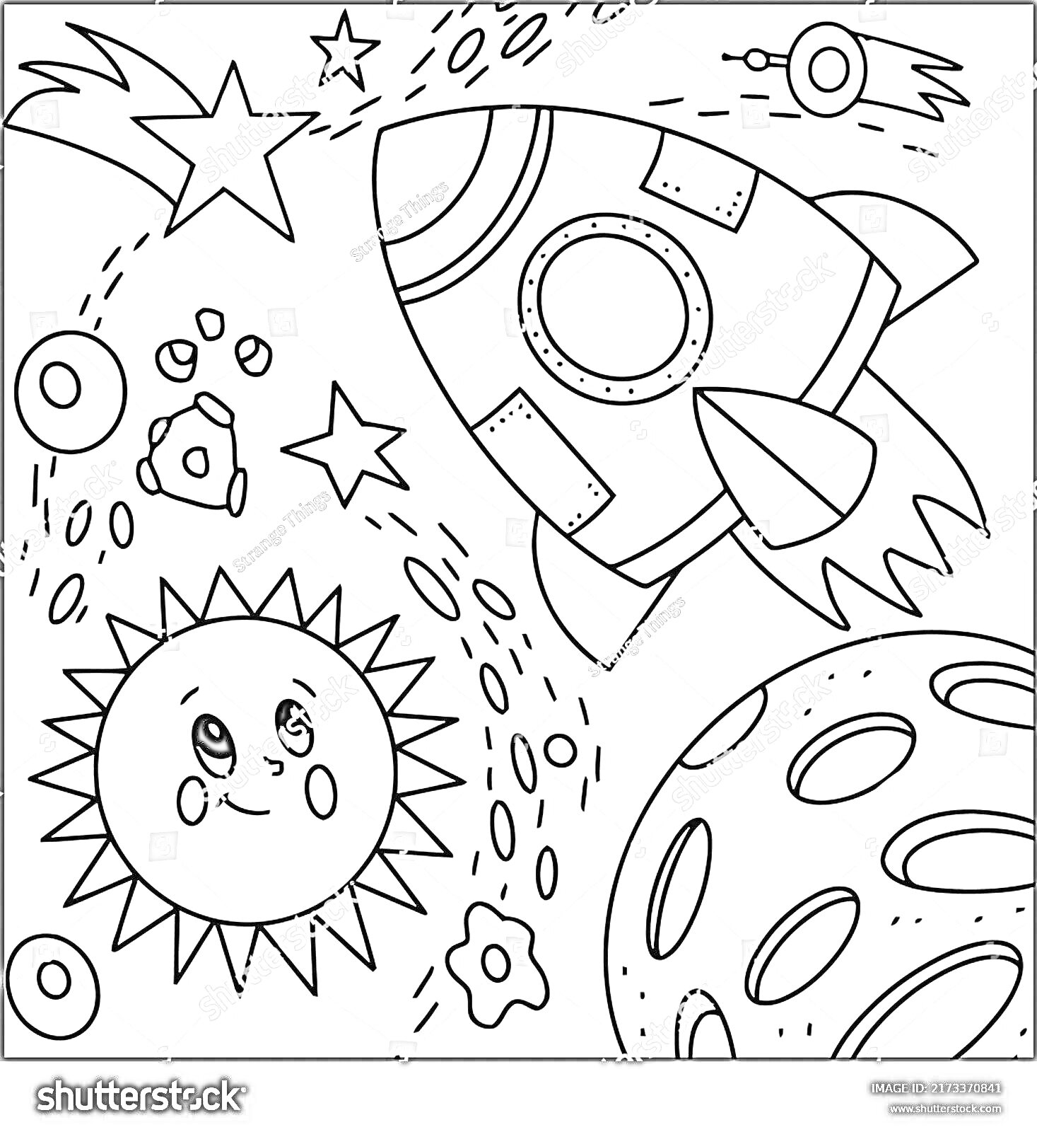 На раскраске изображено: Космос, Ракета, Планеты, Астероиды, Звезды, Солнце, Для детей, Солнечная система