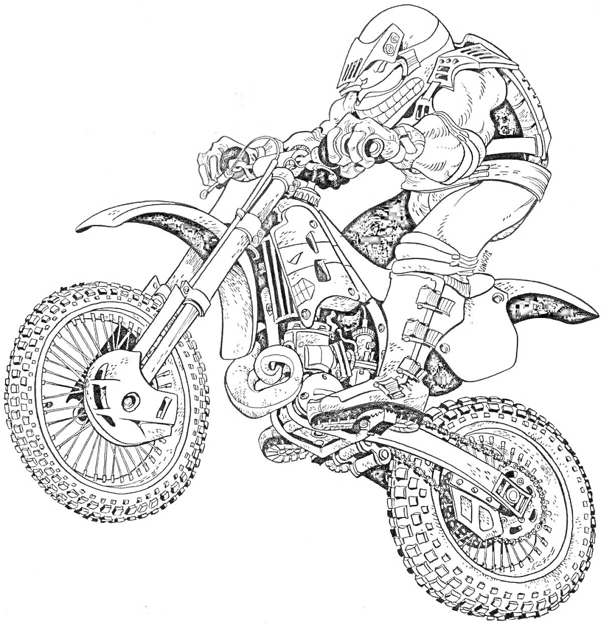 Раскраска гонщик на кроссовом мотоцикле, прыжок, доспехи и шлем