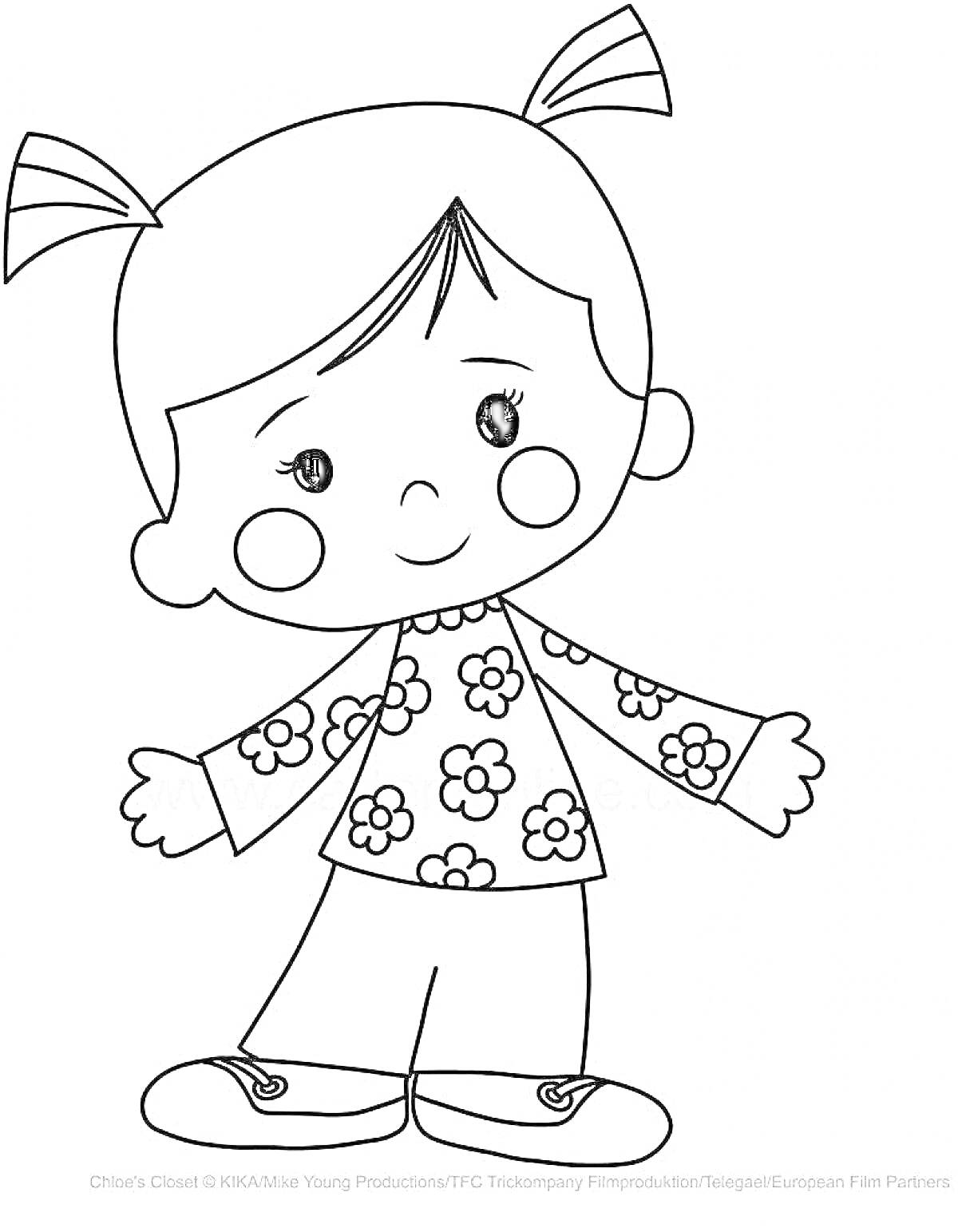 Раскраска Девочка с хвостиками, в цветочной кофте и штанах