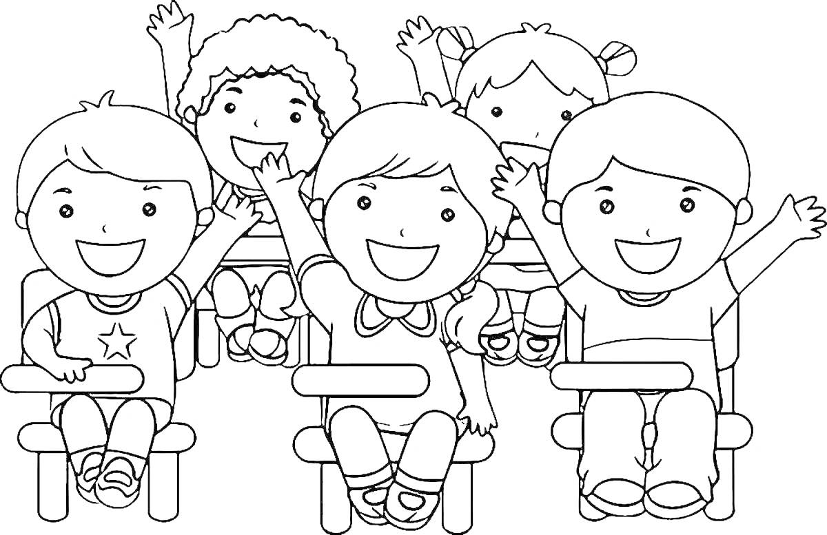 На раскраске изображено: Класс, Школьники, Парты, Друзья, Веселье, Руки вверх, Школа