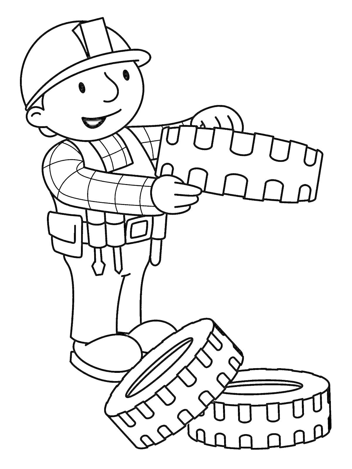 Раскраска Строитель укладывает шины