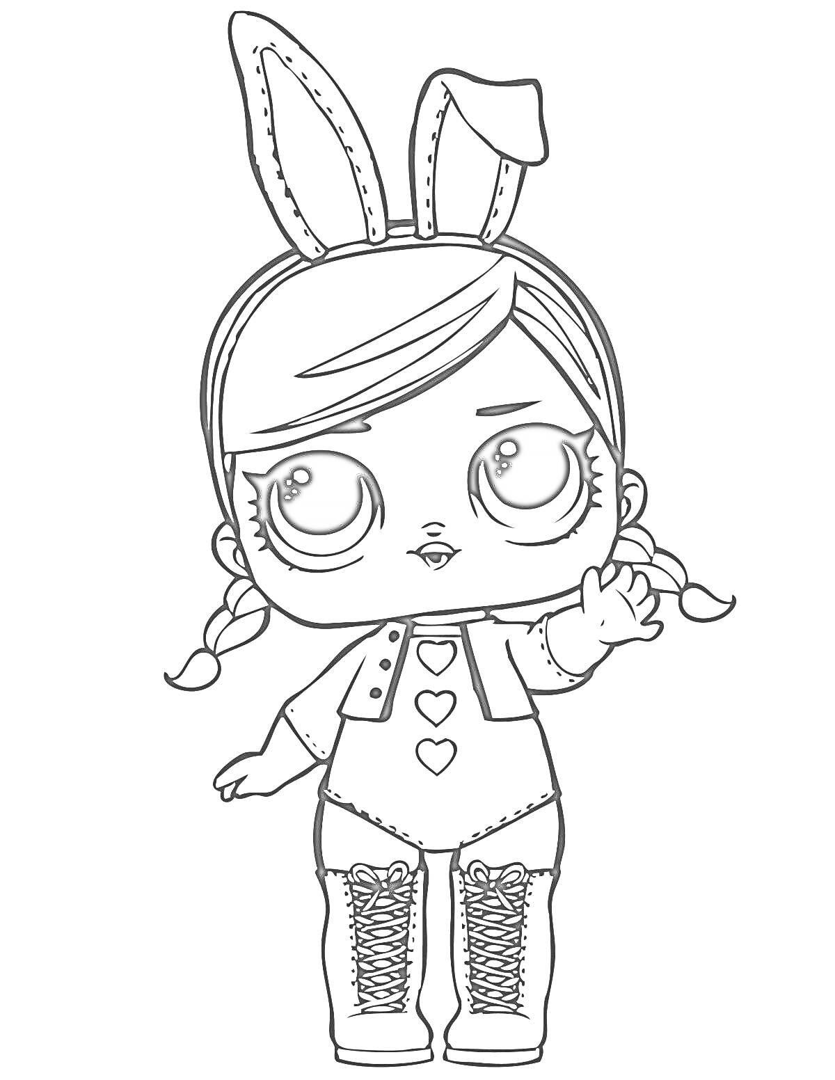 Раскраска Кукла ЛОЛ с ушками зайчика, в шортиках, носочках и сапогах с шнуровкой