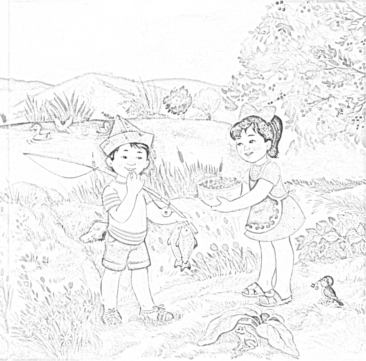 Раскраска Дети на берегу реки с рыбой и ягодами, летний пейзаж с утками и растительностью