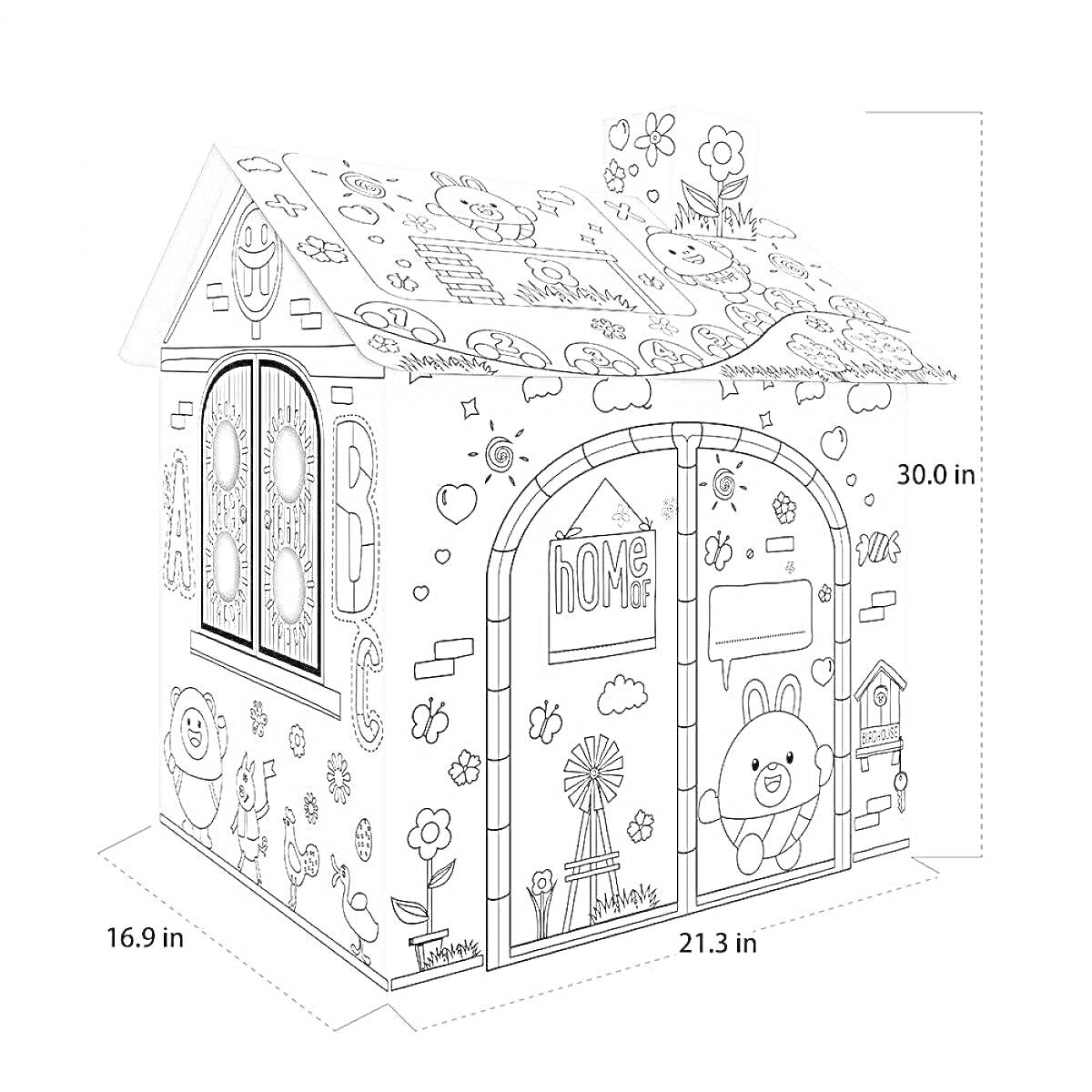 На раскраске изображено: Окна, Дверь, Цветы, Животные, Творчество