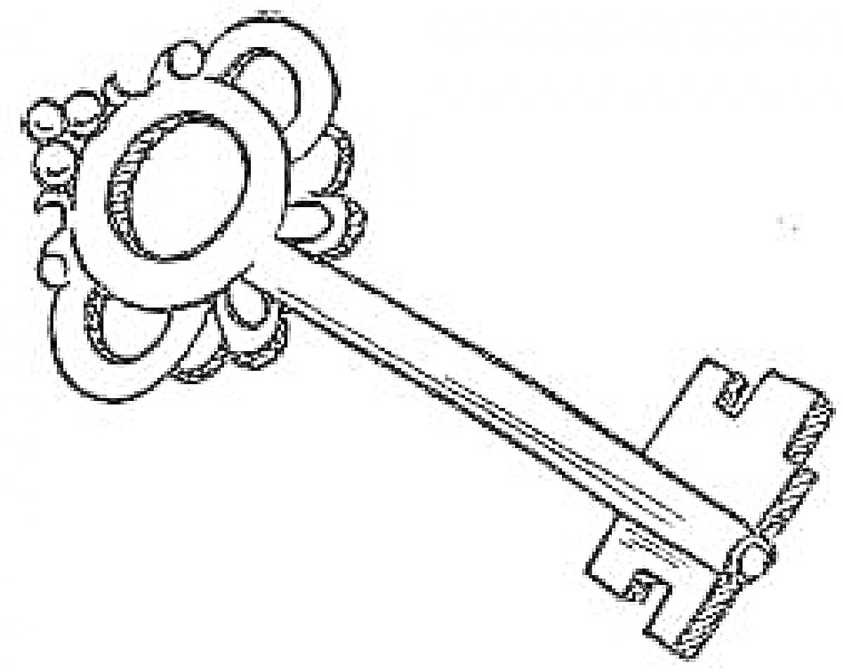 На раскраске изображено: Ключ, Орнамент, Замочная скважина, Контурные рисунки