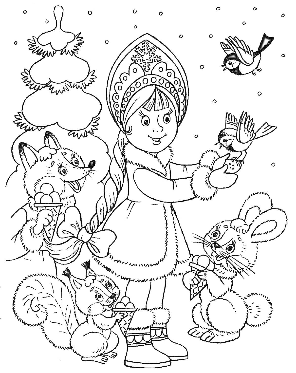 Раскраска Снегурочка с косой в кокошнике, держащая птицу, рядом лесные животные (лиса, белка, заяц), на заднем фоне елка и снег