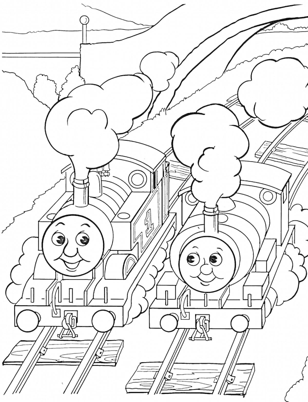 Паровозик Томас и его друг на железнодорожных путях, с дымом из труб и деревьями на заднем плане