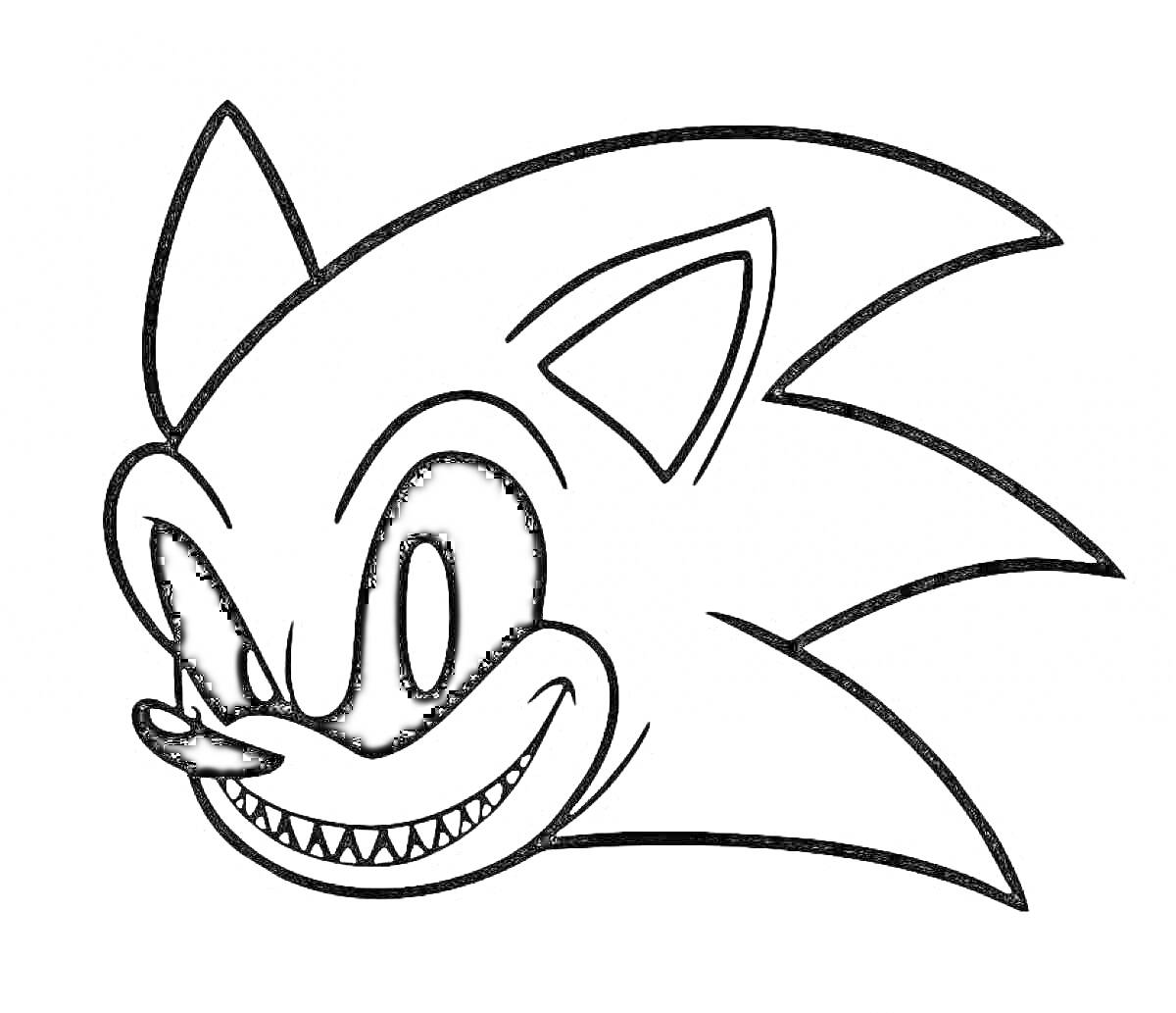 Раскраска Зловещая голова Sonic EXE с большими черными глазами, заостренными ушами и широкой ухмылкой с острыми зубами
