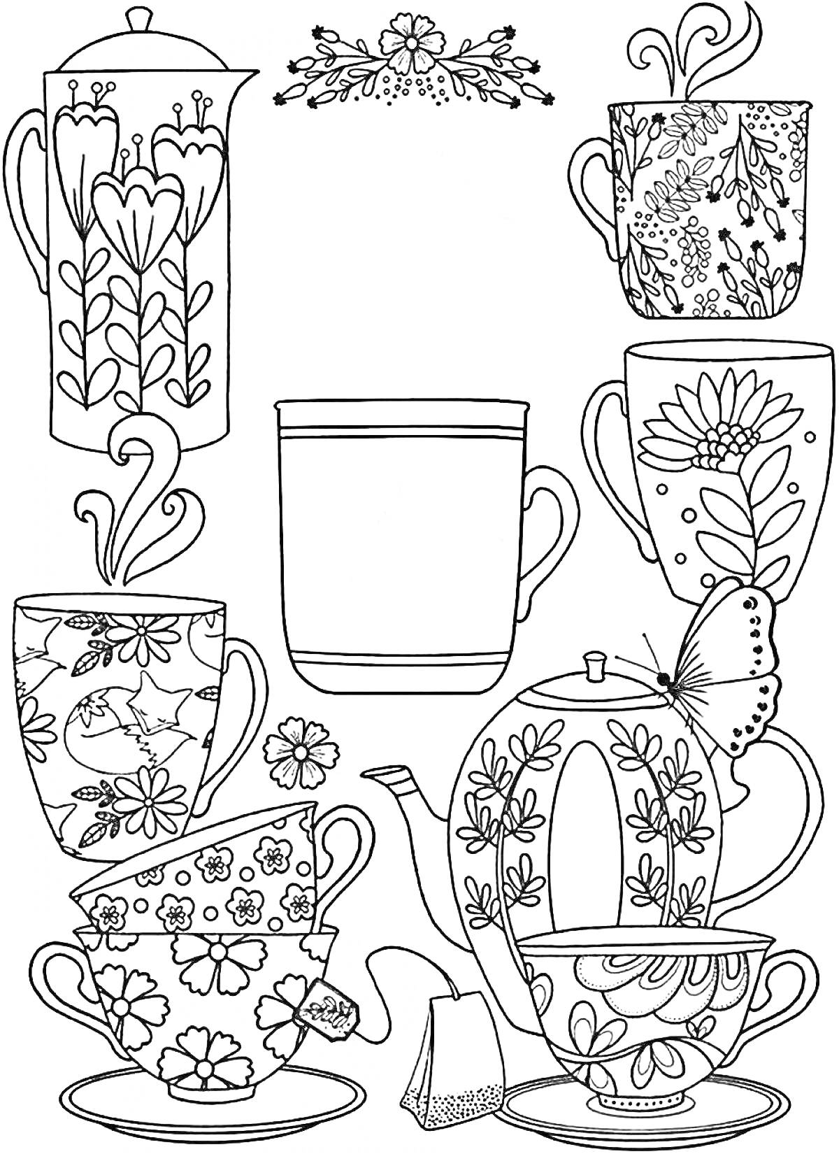 На раскраске изображено: Антистресс, Чайники, Чашки, Цветочные узоры, Бабочка, Чайный пакетик, Хобби