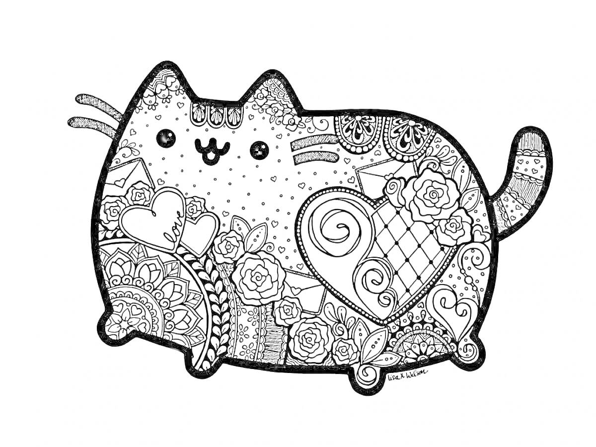 Раскраска Кот с сердцами и цветами, среди узоров и завитков