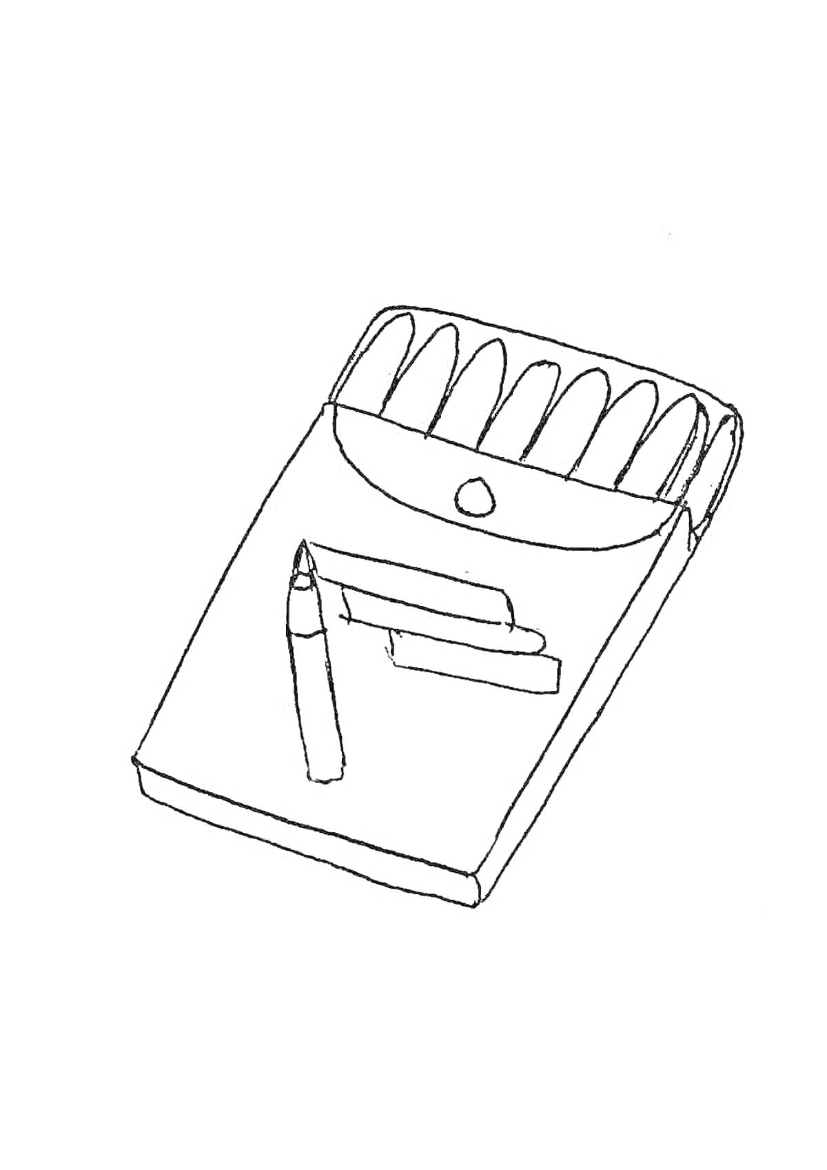 На раскраске изображено: Коробка, Карандаши, Художественные принадлежности, Учебные принадлежности