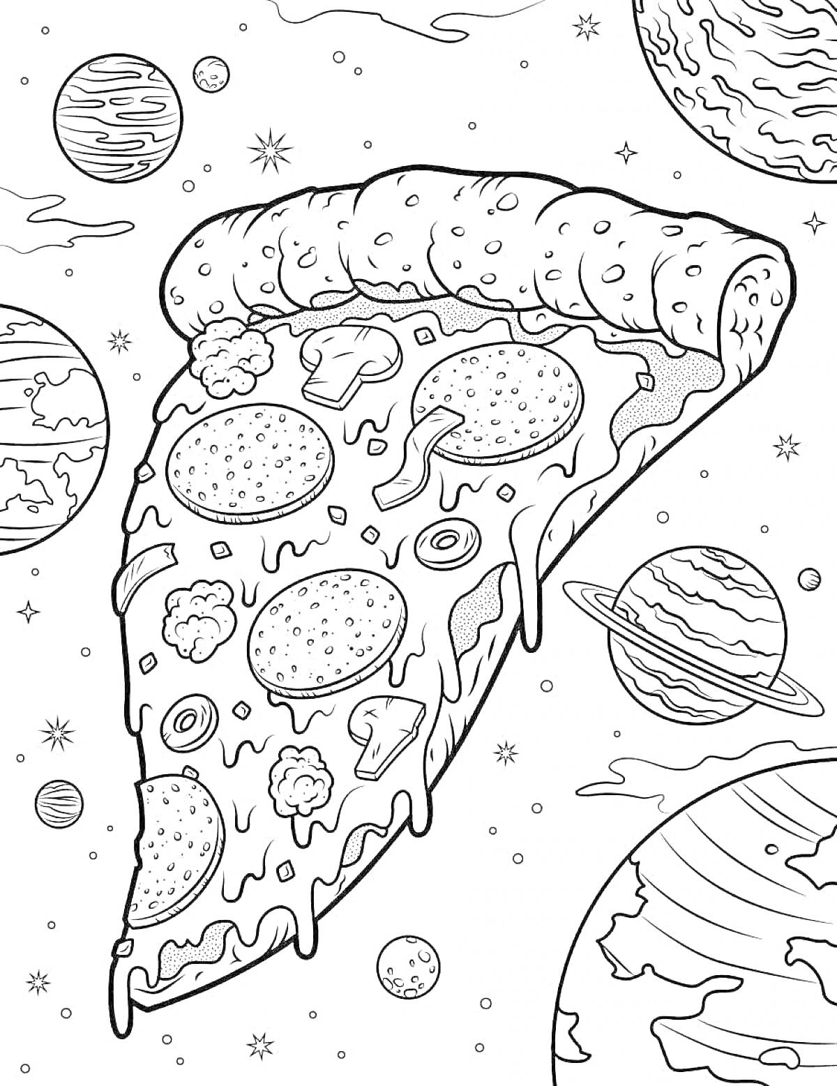 На раскраске изображено: Пицца, Космос, Планеты, Звезды, Еда, Сыр, Перец, Грибы, Астероиды