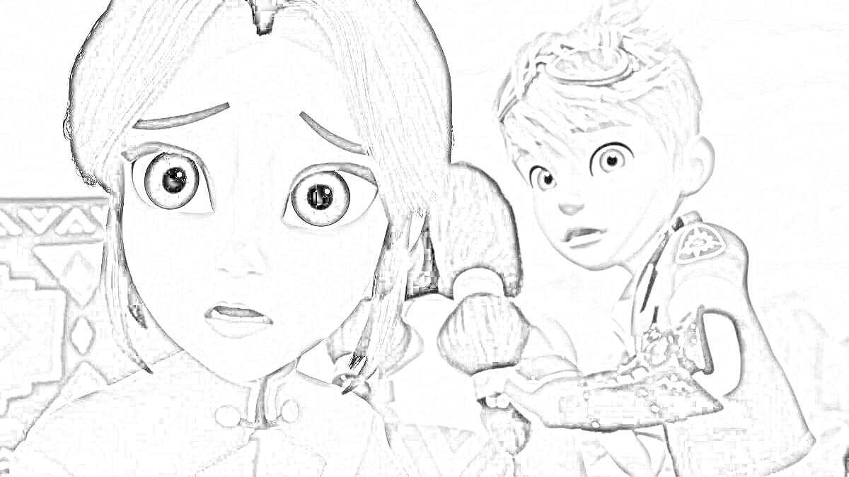 РаскраскаОзадаченные путешественники во времени: девушка с перепуганным лицом на переднем плане и мальчик с короткими светлыми волосами и наручами на фоне
