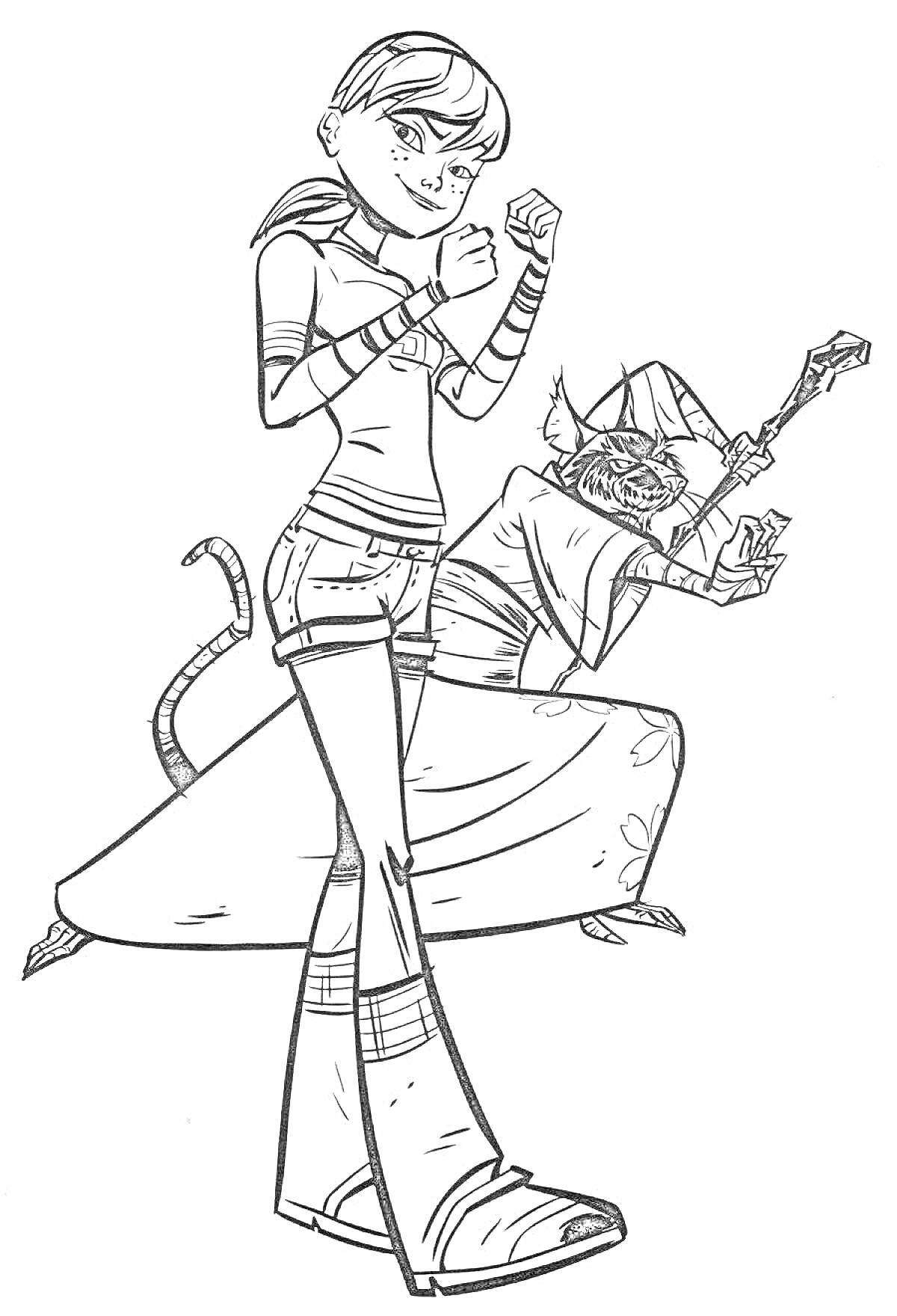 Раскраска Девушка ниндзя в боевой стойке вместе с мастером крысой с посохом