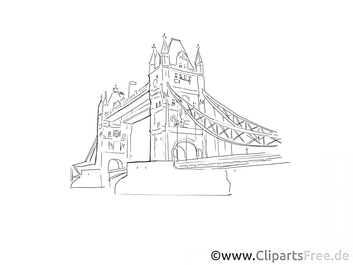 На раскраске изображено: Тауэрский мост, Лондон, Архитектура, Река, Мост, Башни