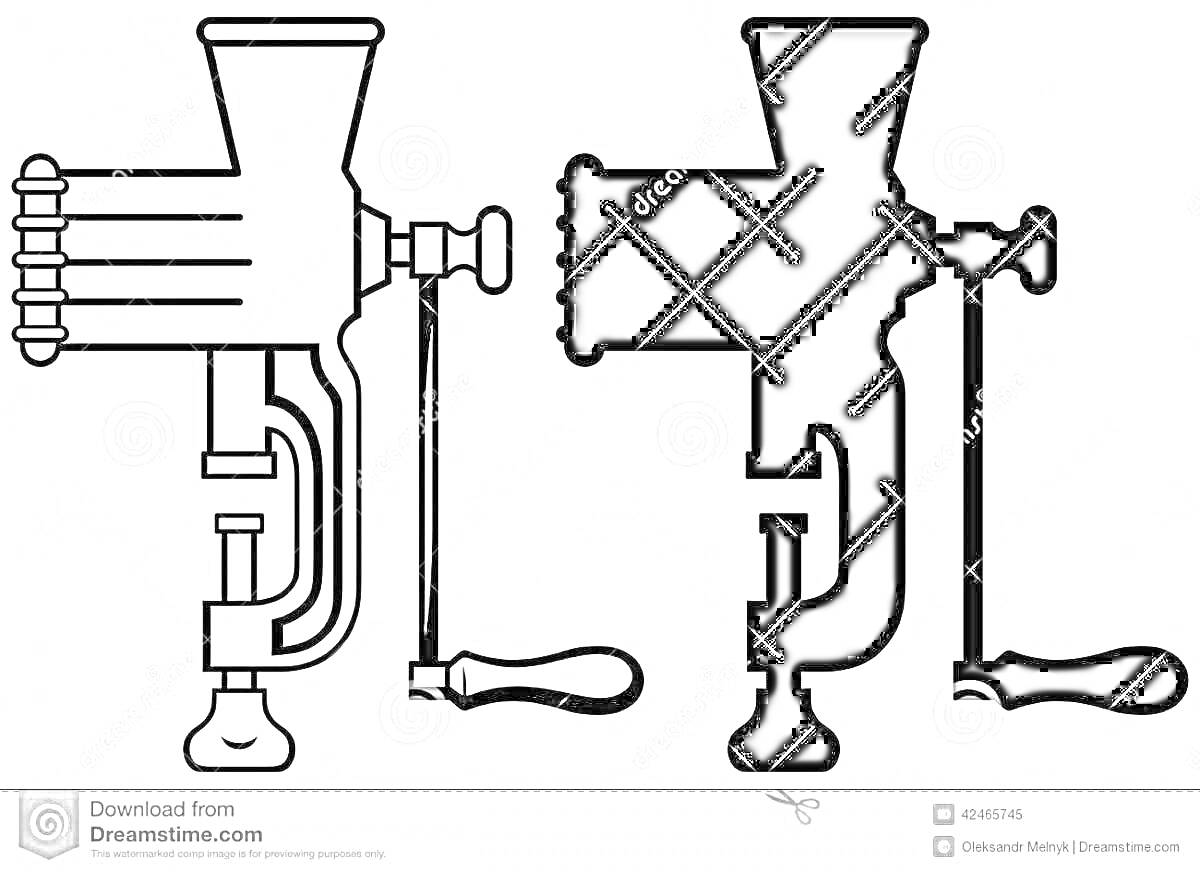 Раскраска Две мясорубки: вид в разрезе и вид в профиль, ручка, винт, крепление.