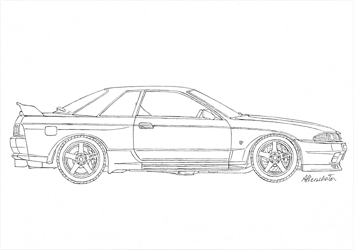 Схематичное изображение спортивного автомобиля в профиль, с видимыми деталями кузова и колес, вероятно, это японский автомобиль 