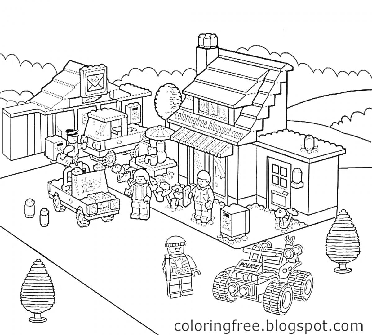 Раскраска Лего город: дом, магазин, грузовик, джип, 6 минифигурок, щенок, деревья, мусорные баки