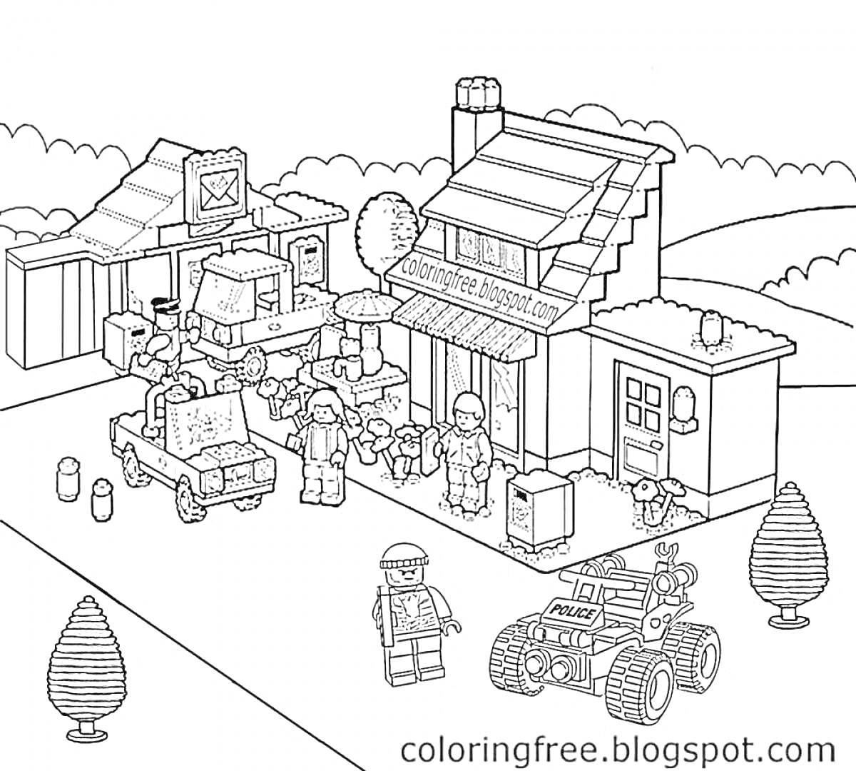 На раскраске изображено: Лего, Магазин, Дом, Джип, Минифигурки, Деревья, Города, Грузовая машина, Улицы, Авто, Собака