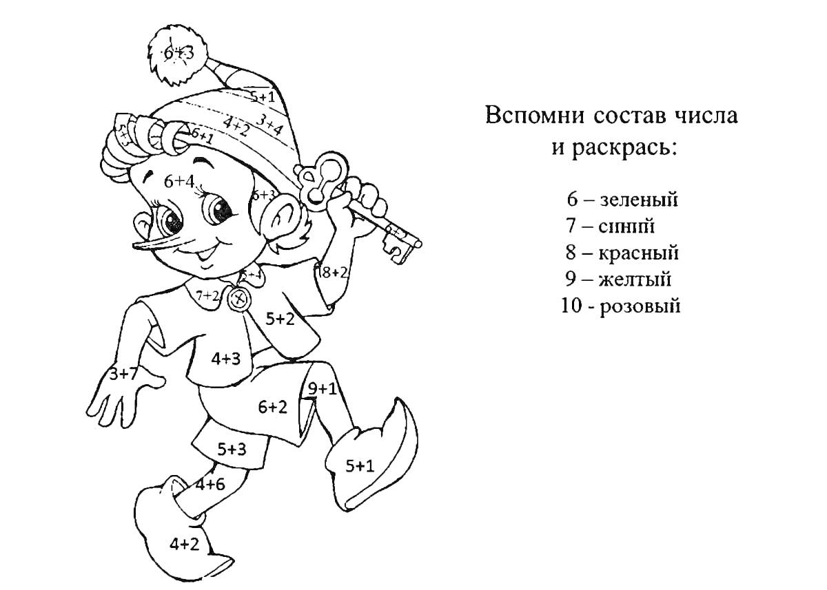 Раскраска Мальчик-эльф с математическими примерами для раскраски (шапка, ключ, одежда, ботинки)