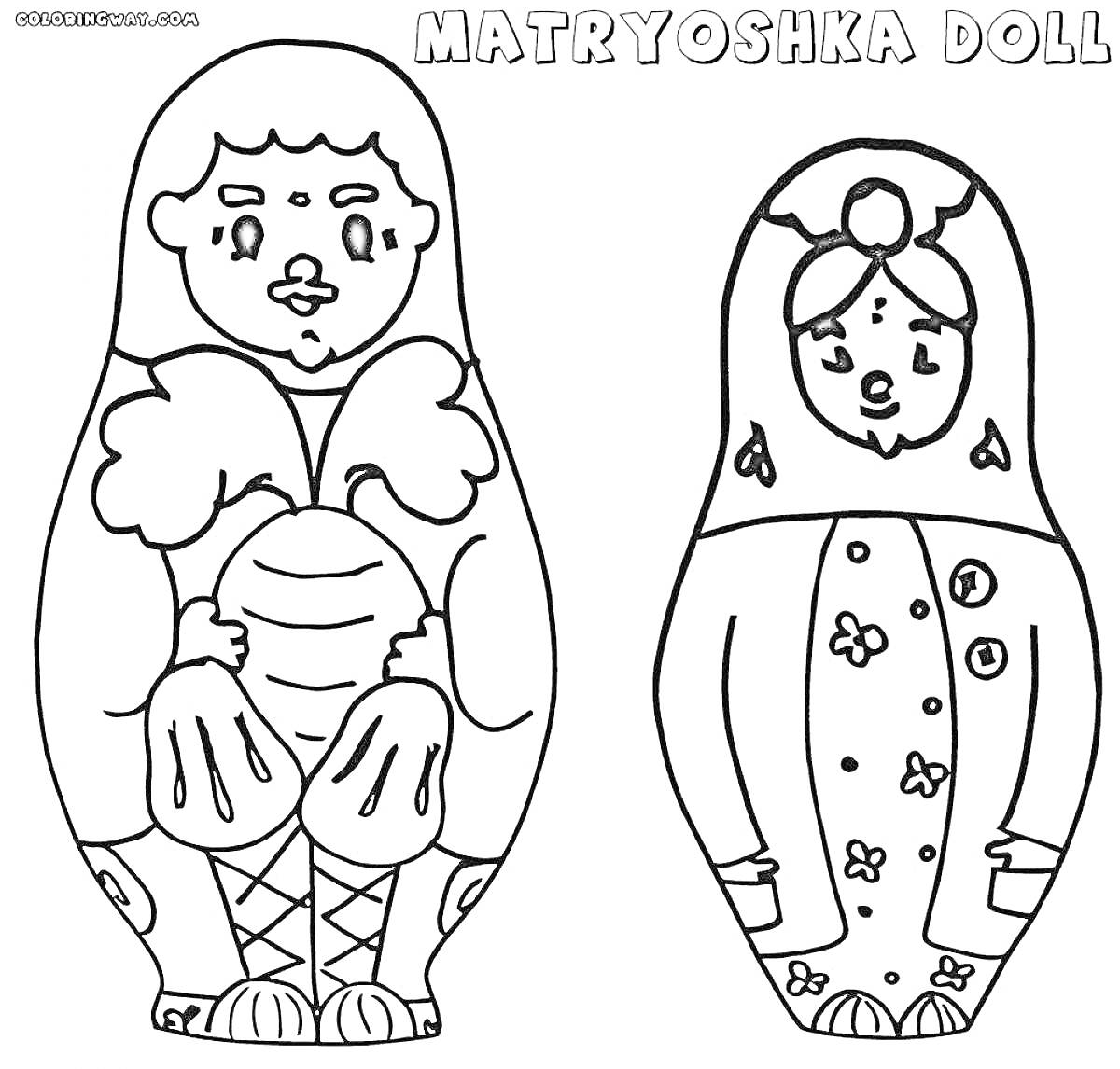 На раскраске изображено: Матрёшка, 6 лет, 7 лет, Крылья, Барабан, Цветы, Русский сувенир