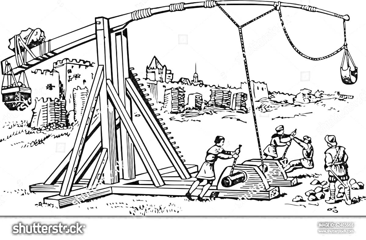 Раскраска Средневековая осада с катапультой и замком на заднем плане, трое солдат подготавливают снаряд, один солдат наблюдает.