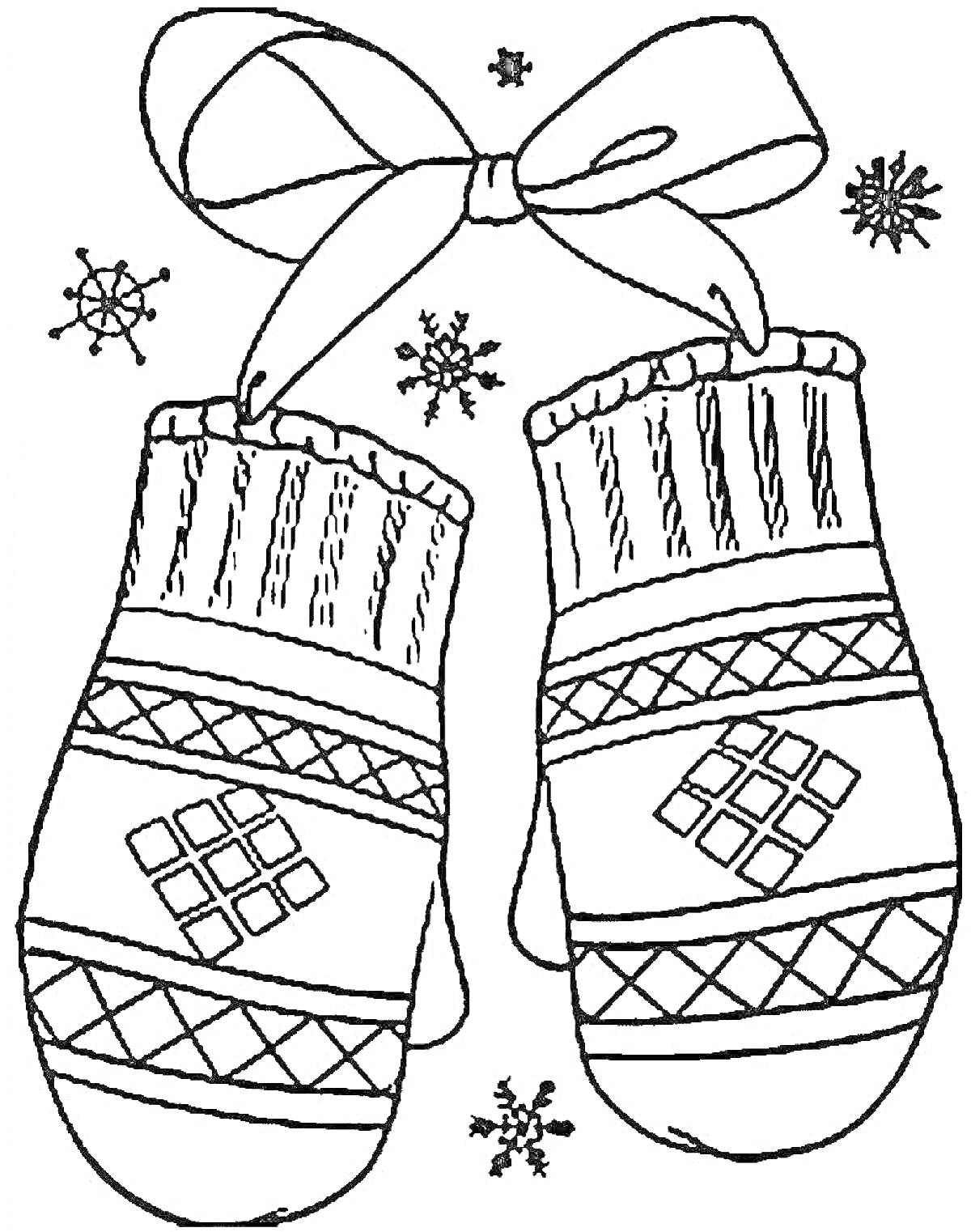Раскраска Рукавички с орнаментом, бантом и снежинками