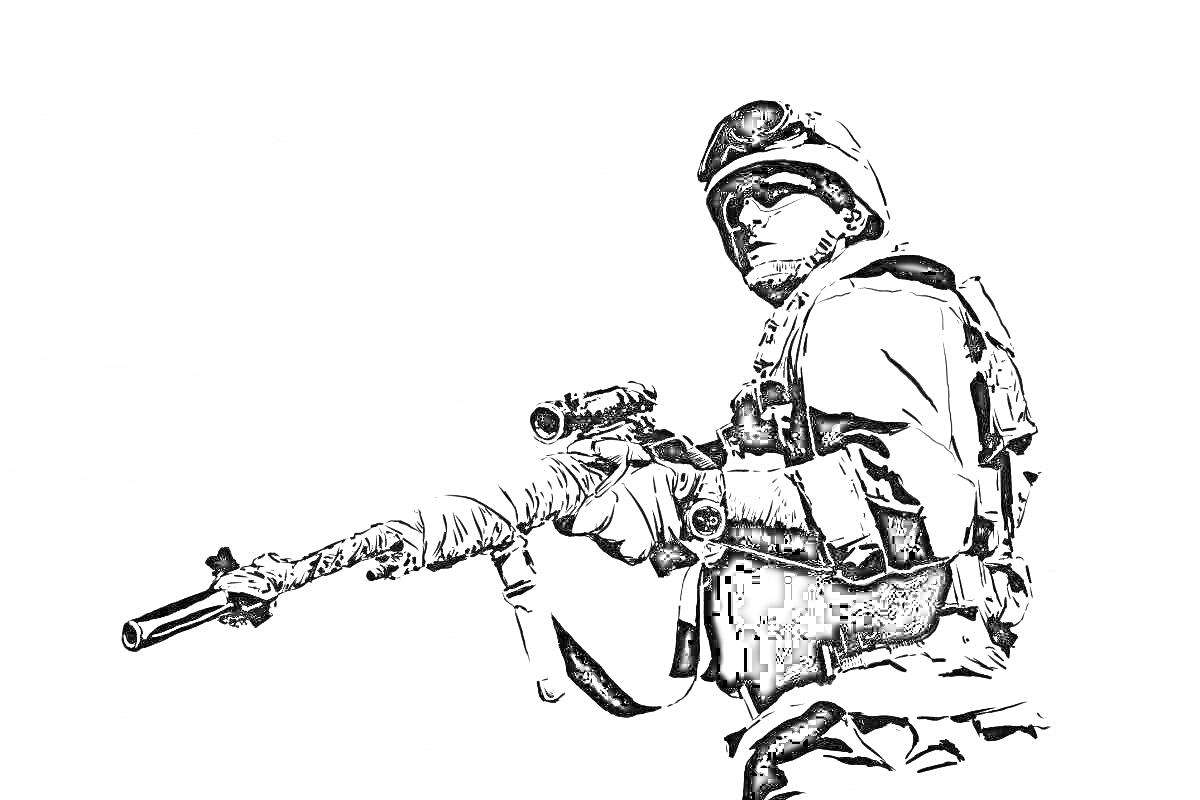 На раскраске изображено: Росгвардия, Солдат, Винтовка, Военная форма, Военный, Оружие, Спецназ