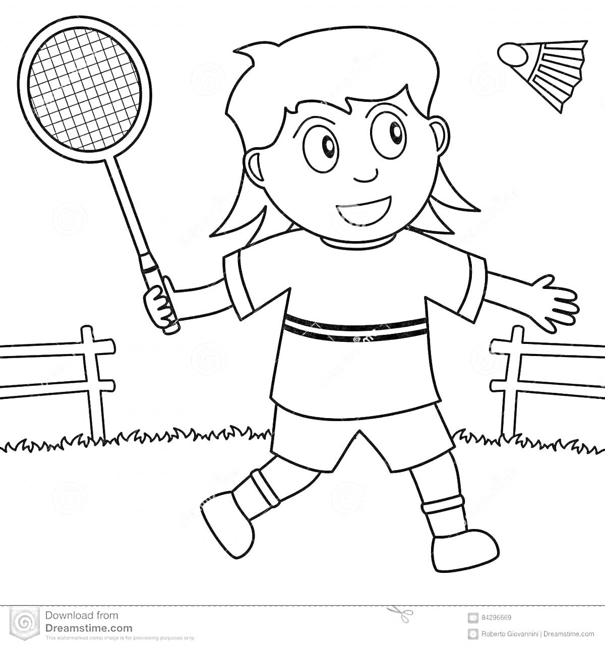 Раскраска Ребёнок с ракеткой и воланом на лужайке с ограждением