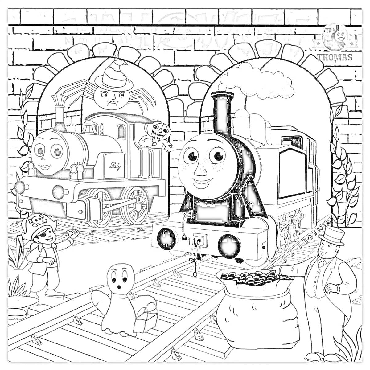 На раскраске изображено: Паровоз, Железная дорога, Туннель, Томас и его друзья
