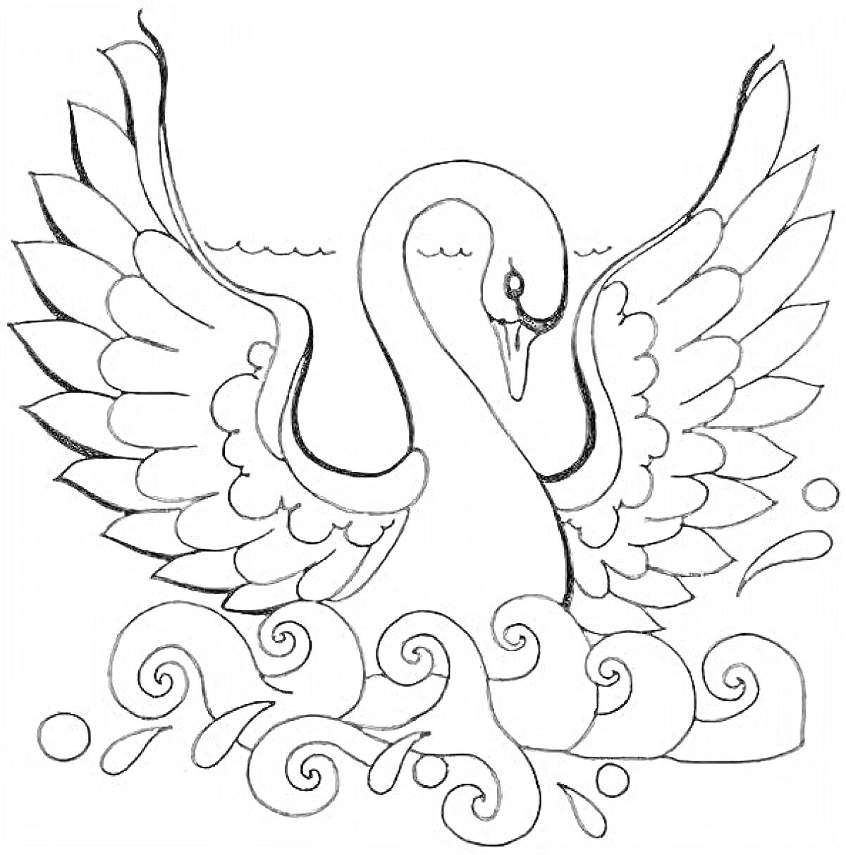Раскраска Царевна-лебедь из сказки о царе Салтане с расправленными крыльями на фоне волн