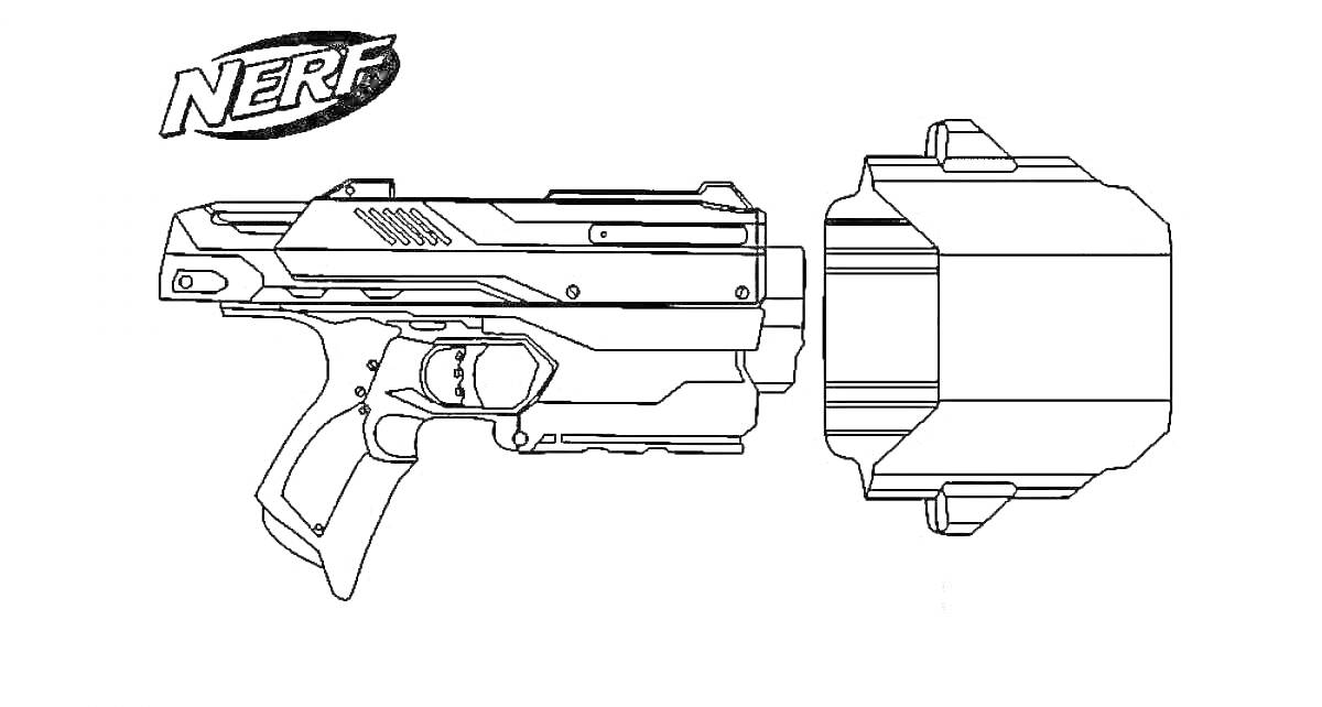 На раскраске изображено: Бластер, Игрушечное оружие, Nerf