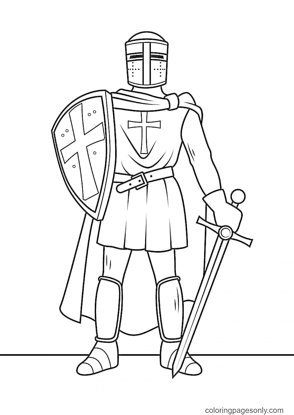 Раскраска Рыцарь со щитом и мечом в латах
