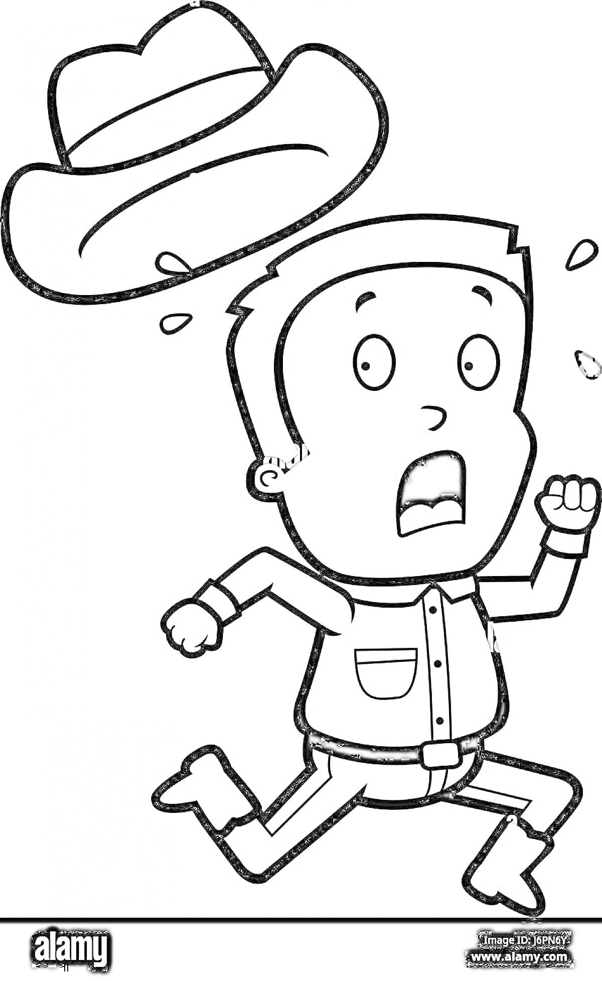 Раскраска Испуганный мальчик, бегущий с летящей шляпой