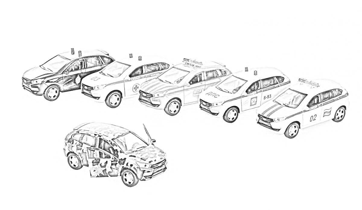 Раскраска Ряд полицейских автомобилей и военный автомобиль
