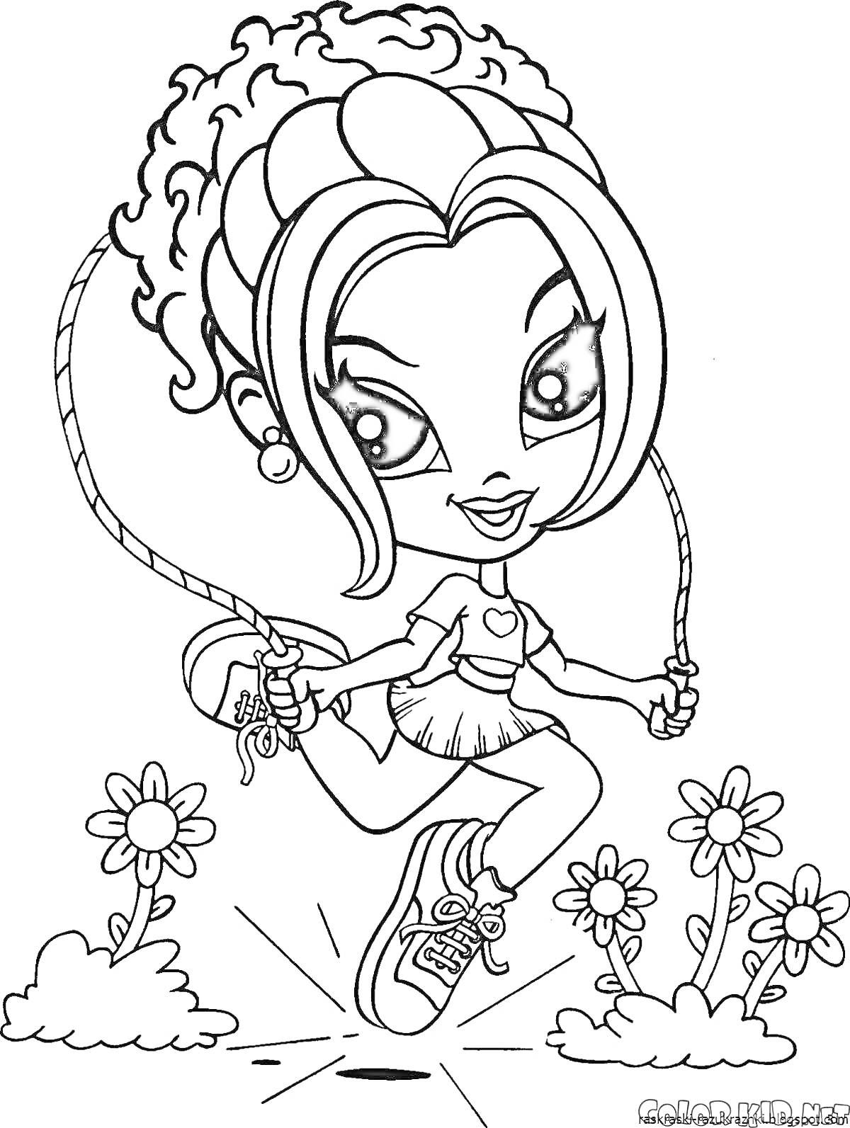 Раскраска Девочка с кудрявыми волосами прыгает через скакалку на фоне цветов