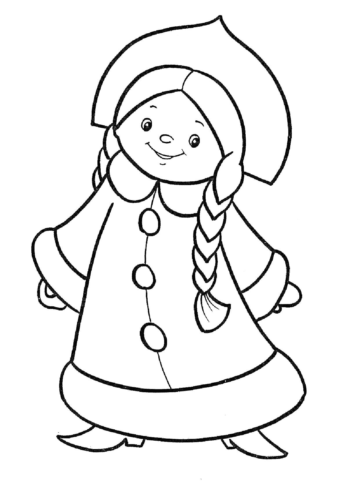 Раскраска Девочка в шапке и пальто с пуговицами и косичками