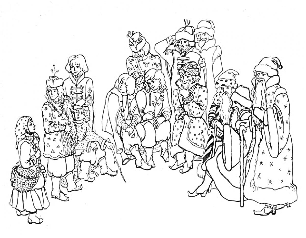 На раскраске изображено: Из сказок, 12 месяцев, Зимняя одежда, Лес, Природа, Герой, Человек, Сидеть