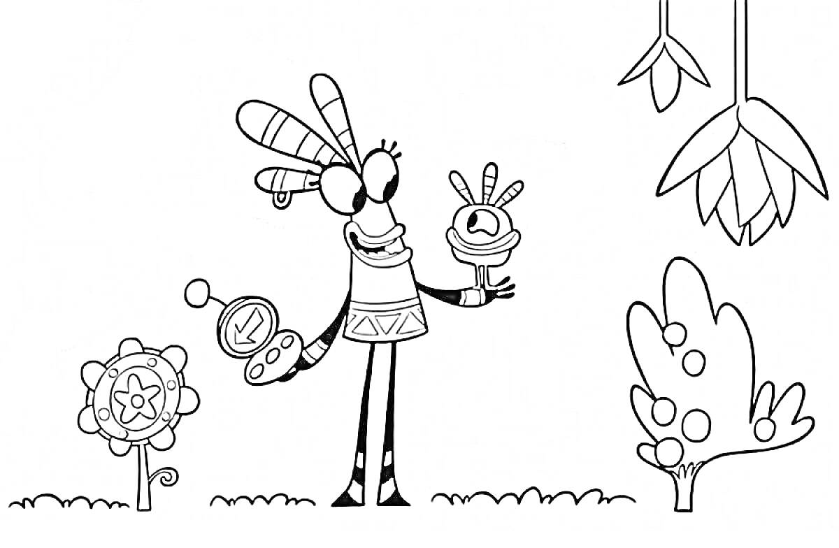 Персонаж из Куми куми с компасом и фруктом, цветок, куст и подвесные цветы