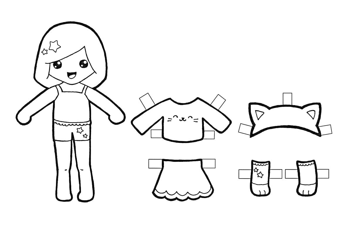 Раскраска Девочка в нижнем белье, кофта с мордочкой, юбка с волнами, ободок с ушками, носки с мордочками