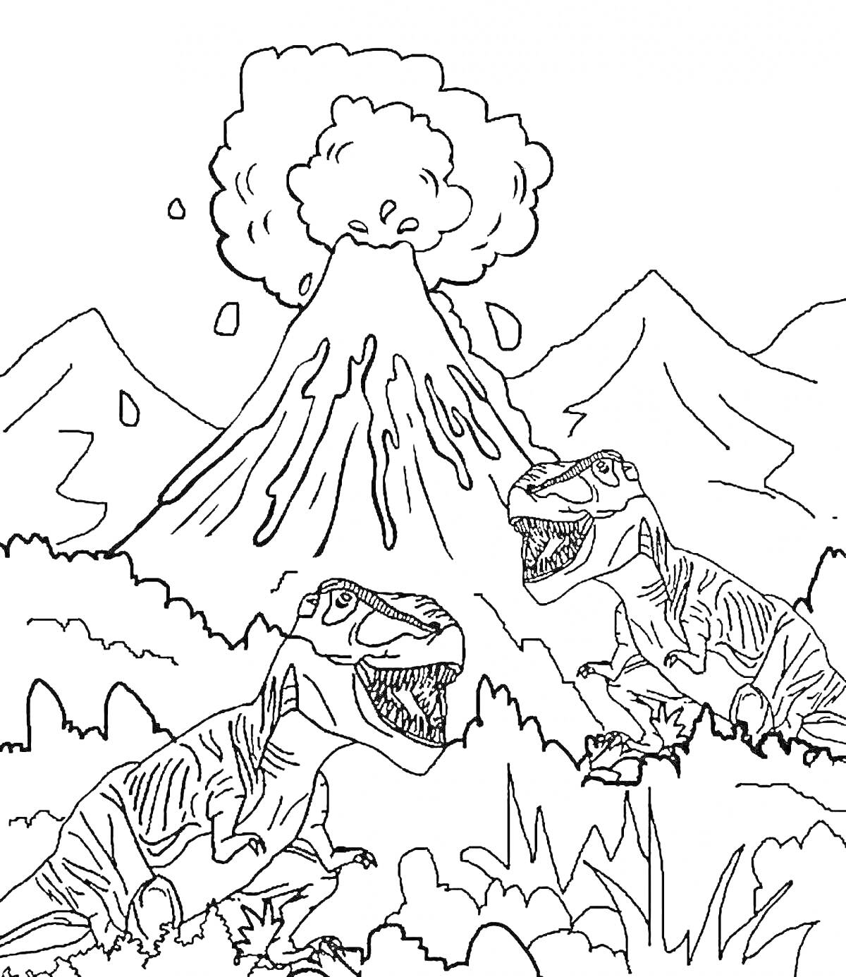 На раскраске изображено: Парк юрского периода, Вулкан, Извержение, Природа, Горы, Пейзаж, Доисторический мир