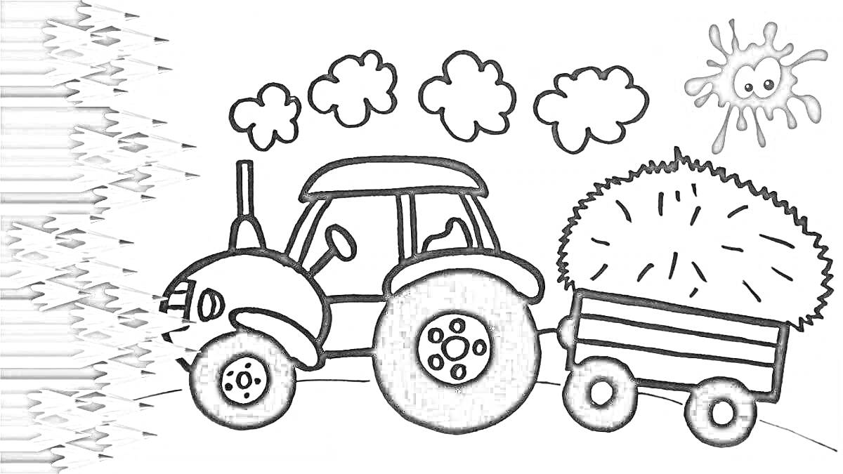 На раскраске изображено: Трактор, Прицеп, Облака, Сельское хозяйство, Сельская жизнь, Для детей