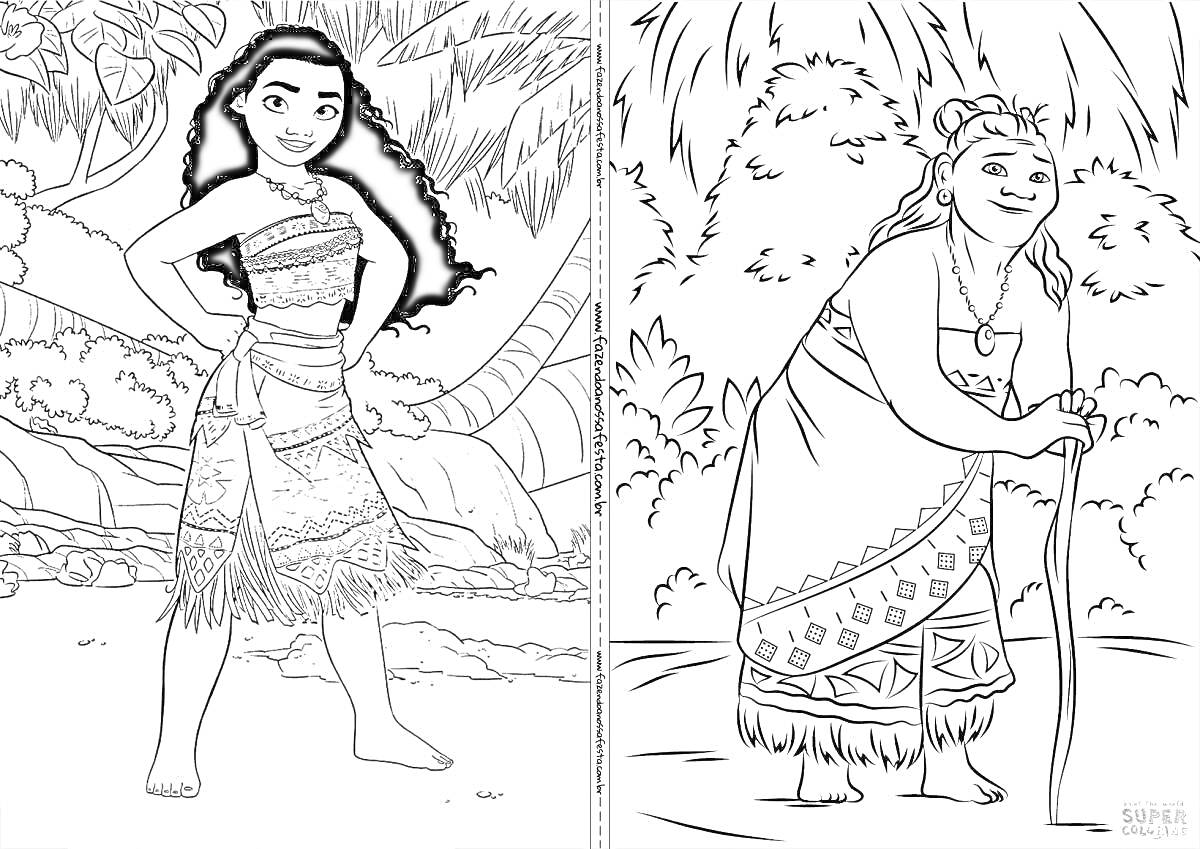 Раскраска Муана и пожилая женщина на тропическом фоне (Муана стоит с руками на бедрах, позади нее тропическая растительность; рядом пожилая женщина с палкой, также на фоне тропической природы)