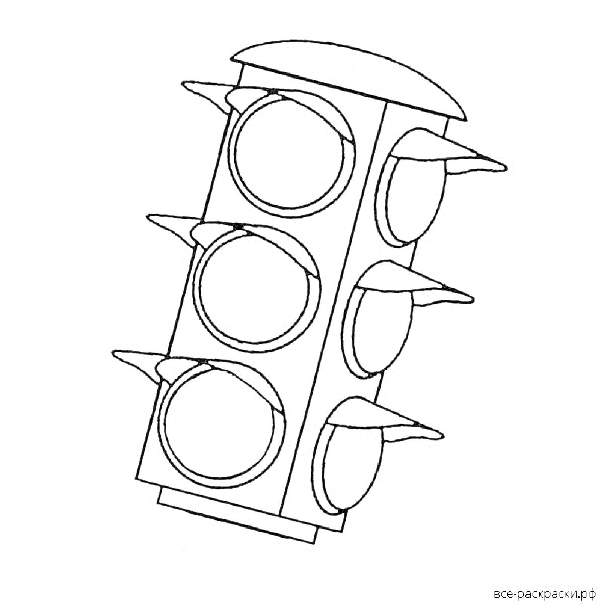 Раскраска Светофор с шестью круглыми секциями и козырьками