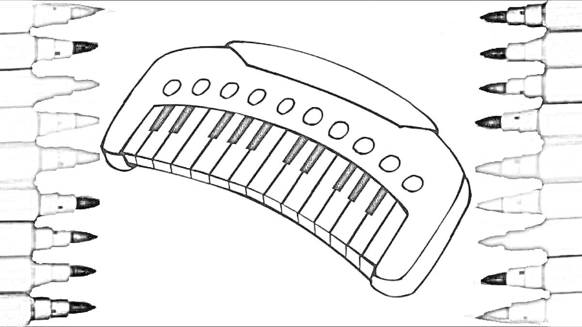 На раскраске изображено: Синтезатор, Клавиши, Фломастеры, Музыка, Музыкальные инструменты