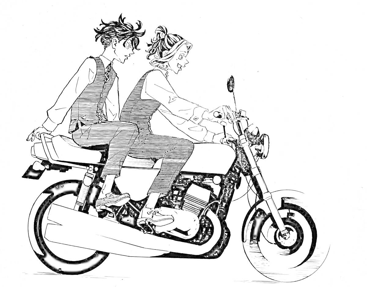На раскраске изображено: Братья, Мотоцикл, Рубашки, Рисованный, Двое, Транспорт