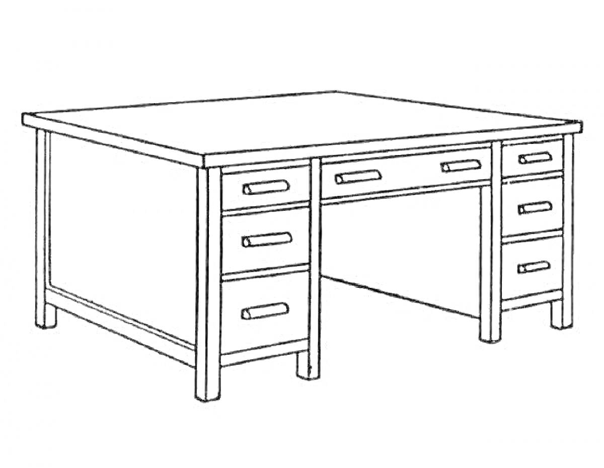 На раскраске изображено: Письменный стол, Ящики, Мебель, Офис, Рабочее место