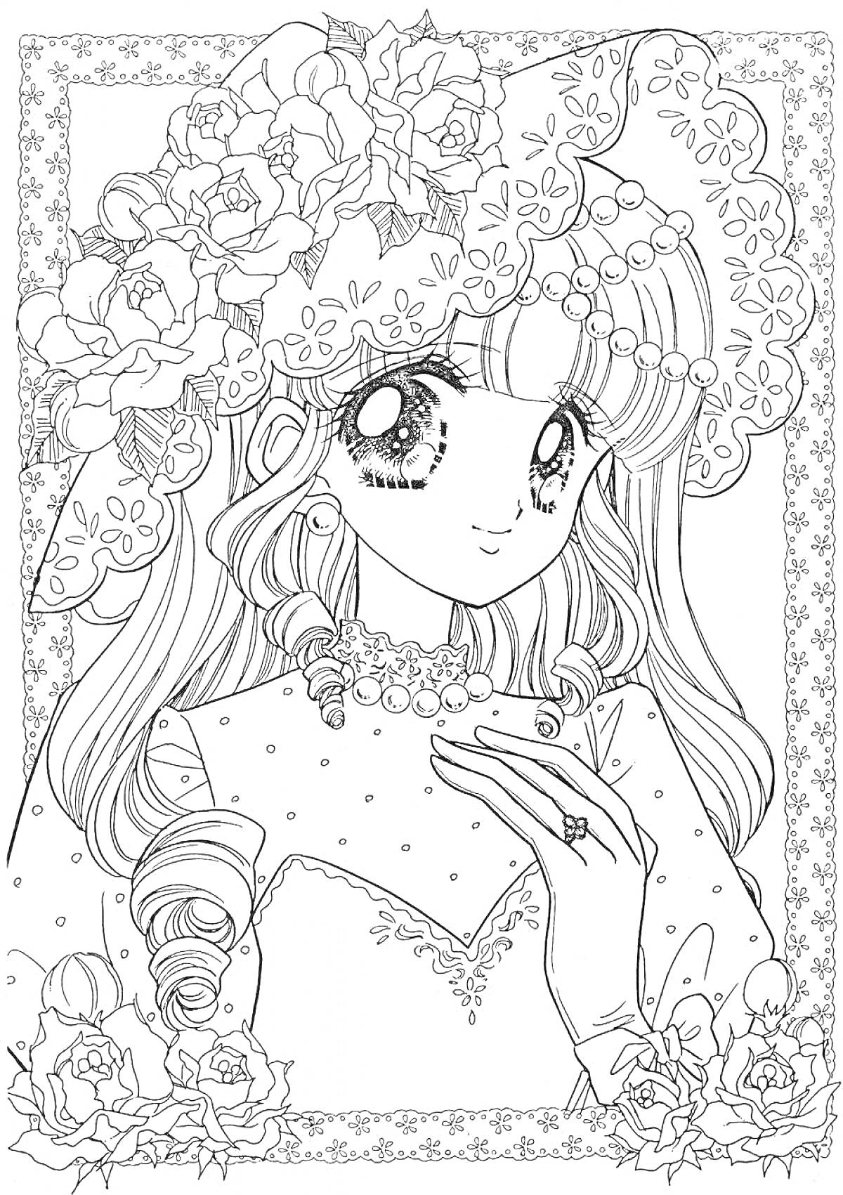 Раскраска Принцесса с цветочным венком и украшениями