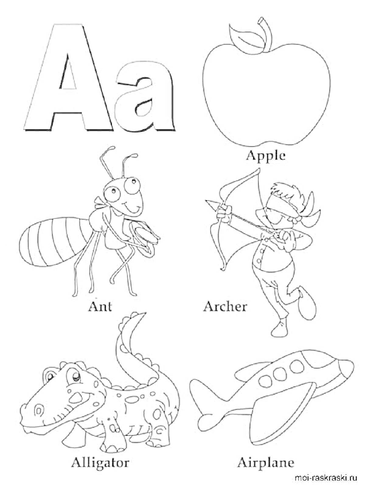 Раскраска Английский алфавит - буква A: яблоко, муравей, лучник, аллигатор, самолет