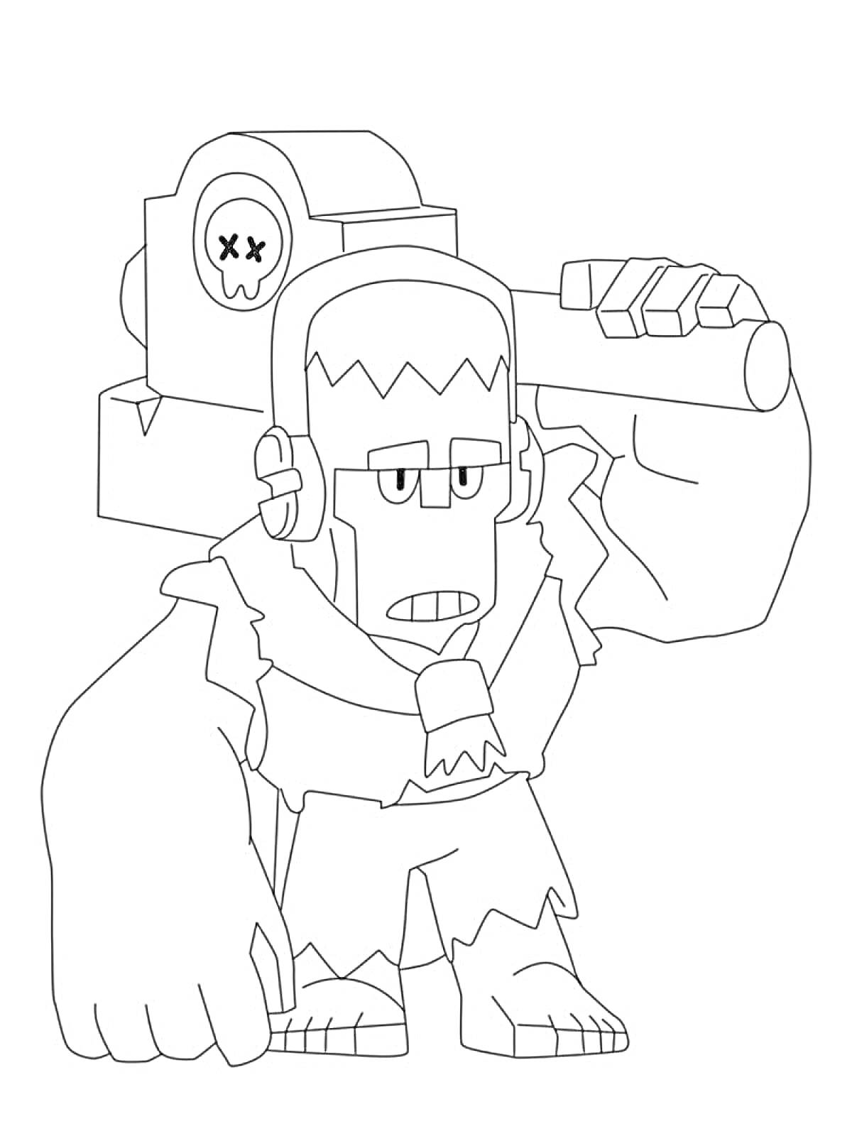 Раскраска Раскраска персонажа Фрэнк из игры Brawl Stars с большым молотом на плече